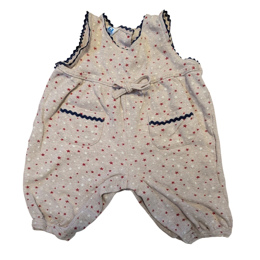 Cotton Kids Star Print Romper July 4th Patriotic Ric-Rac Tan Red 3/6M